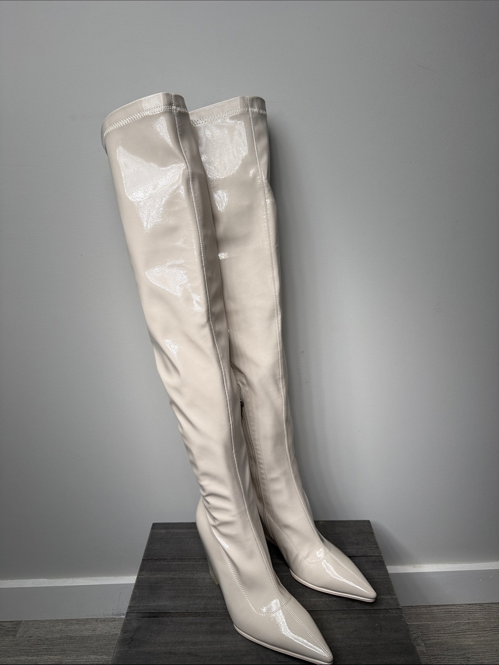 Ivory Patent Over-the-Knee Pointed Toe Boots NWOT